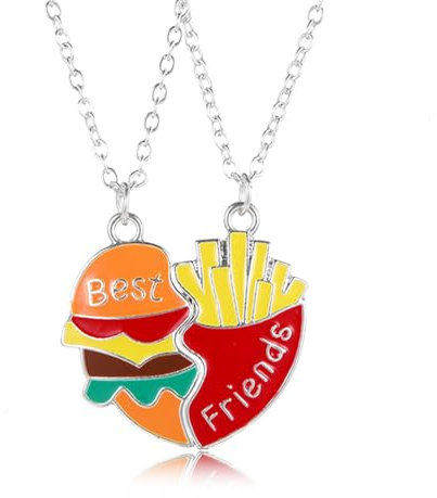 Hifot 2 Stück Halskette Damen Silber Freundschaftskette, Bff Ketten für 2 Mädchen, Kette Herz Anhänger, Burger und Pommes Halskette Lang für Frauen Freundin Geschenk Personalisierter Schmuck