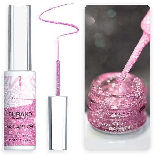 BURANO Liner Holographic Gel Nail Polish, UV LED Reflective Glitter Painted Silver Metallic Nail, Build in Thin Nail Brush Chrome Gel Curing Required 8ml (LX28)