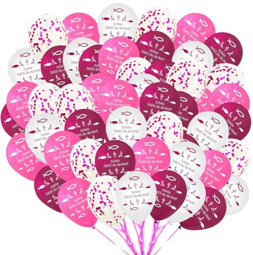 SPERMUOY Rosa Luftballons Kommunion Konfirmation Luftballons Deko für Mädchen,60 Stücke kommunion ballons rosa,Erstkommunion Dekoration Rosa Weiß Fische Ballons mit Bänder für Mädchen Geburtstag