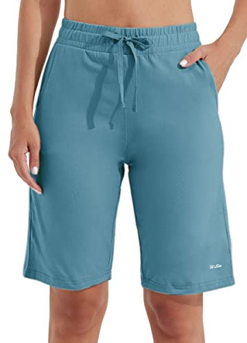 WILLIT Damen Shorts Bermuda Baumwolle Lange Shorts Sporthose Yogahose Fitness Knielange Workout Sommer 10 mit Taschen Navy XL