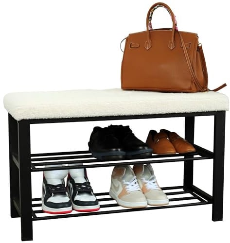 Froppi Premium Ottoman Shoe Bench Storage with Seat, 2-Tier Black Metal Shoe Rack Bench with Seat for Entryway, Bedroom, Closet and Hallway L81.5 W33 H50 cm White Teddy Boucle Cushion