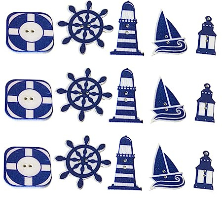 TOPPERFUN Holzknöpfe Nautische Knöpfe 50 Stück Segelboot Leuchtturm Rettungsring Ruder Gemischte Stile Selbstgemacht Knopfset für Kleidung Nähen Basteln Scrapbooking