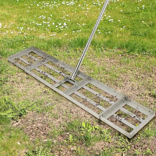Rastrillo de nivelación de césped, nivelador de césped de Acero Inoxidable con Placa de Tierra de 48 x 10 Pulgadas, Herramienta de Nivel de césped Resistente Que Ahorra Esfuerzo para Patio, jardín,