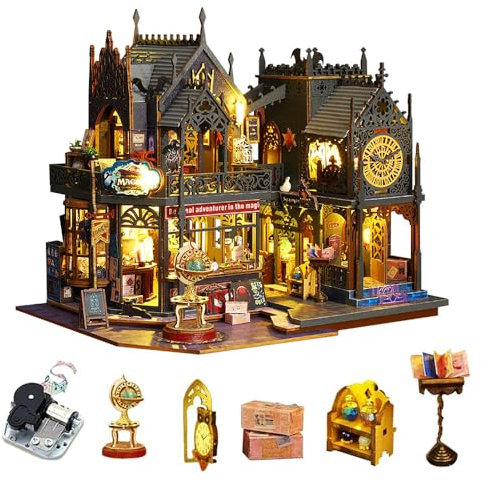 Kit de Maison de poupée Miniature à Faire soi-même, CUTEROOM Kit de Maison de poupée en Bois avec Meubles et Cadeaux LED pour Adolescents et Adultes (Holo Magic City)