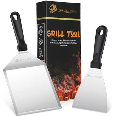 univinlions Grillspachtel Set aus Edelstahl,Großer Grill Spachtel für Smash Burger,Plancha Spachtel mit Rutschfester Griff, Grillwender für Teppanyaki,Profi Grill Zubehör