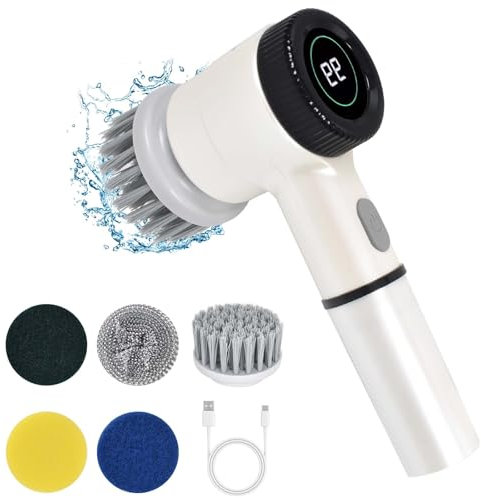 Brosse de Nettoyage Électrique Sans Fil, LED Rechargeable Brosse Rotative à Main avec 5 Têtes de Brosse Interchangeables 3 Vitesses Nettoyage en Profondeur pour Carrelage, Salle de Bain, Cuisine Évier