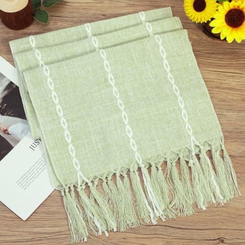Boho Table Runner - Rustic Farmhouse Cotton and Linen with Hand-tassels, Elegant Kitchen and Event Decor, 13x72 inches, Sage Green