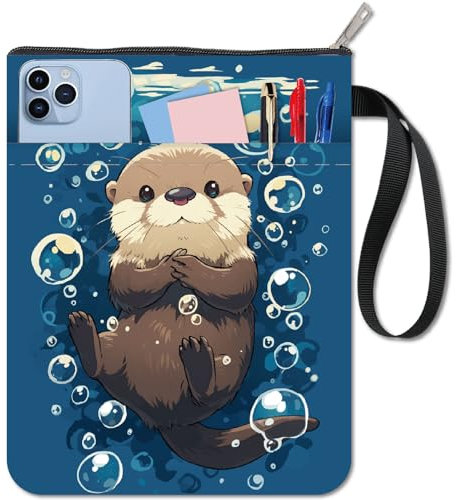 CRASPIRE Custodia per Libri Otters Protezione per Libri con Animali Marini Copertine per Libri Blu per Libri Tascabili Copertina per Libri in Tessuto Lavabile con Cerniera e Tasca Extra sulla Manica
