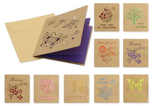 Feelorna 10 Stück Grußkarten mit Umschlägen, Vintage-Kraftpapier, blanko, Multipack, einzigartiges Design, Dankeskarten, Grußkarten für Geburtstag, Jahrestag, Abschluss, Hochzeit