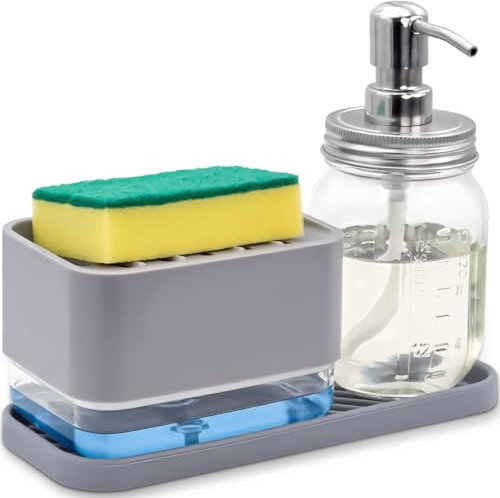 Hand and Dish Soap Dispenser Set with Sponge Holder,r for Countertop Storage Organize for Kitchen Sink with Tray, Kitchen (Gray 1)