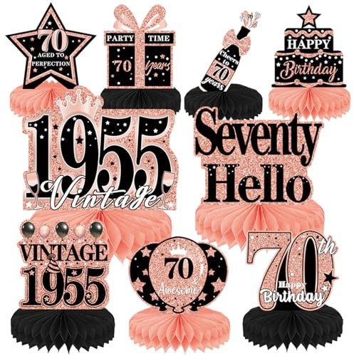 Luvart 70th Birthday Decorations Women - Rose Gold Table Decorations for 70th Birthday Party Vintage 9PCS Honeycomb Centerpieces Decor 1955 Party Supplies for Woman Men