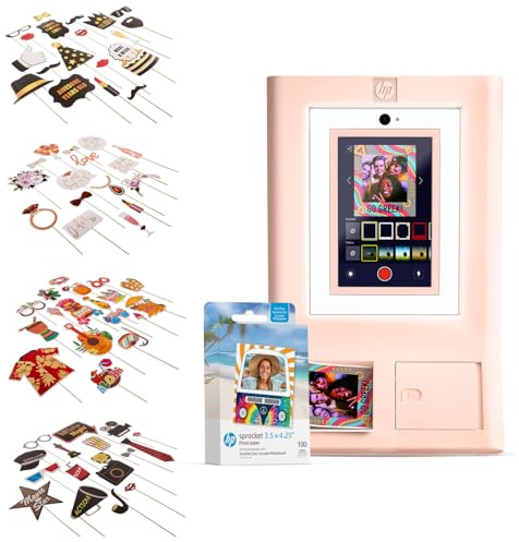 HP Sprocket Photo Booth Machine Instant Color Photo Printer (Pink) + Zink Paper (100 Sheets)+ Luau Party Props (30pc)+ Bridal Shower Props (23pc)+ Birthday Party Props (25pc)+ Hollywood Props Bundle