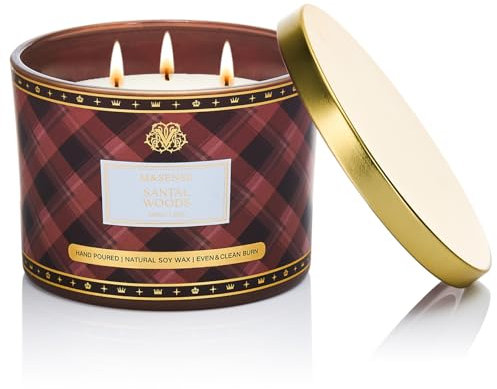 M&SENSE Duftkerze Groß Santal Woods|Duftkerze im Glas mit 3 Dochten|330g Natürliche Soja-Kerze Duftkerzen|65 Stunden Brenndauer|Kariertes Design Duftkerze Geschenk|Elegant Candle Gift