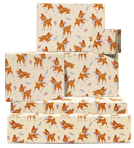 Geschenkpapier mit Waldtieren – Rehkitz, Hirsch, Bambi – 6 Bögen für Weihnachten, Geburtstag, Babyparty – Für Kinder, Jungen, Mädchen – Mit Etiketten – Recycelbar