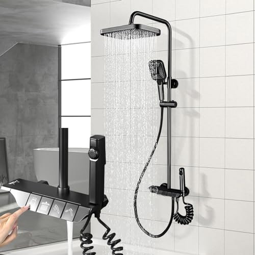 Duschsystem Schwarz Duschset inkl. 30 * 19cm Eckige Kopfbrause, 86-120 cm Verstellbare Duschstange, Duscharmatur Komplettset mit 3 Funktion Handbrause