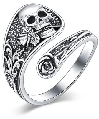 Flpruy Totenkopf-Rosen-Löffelringe für Damen, 925er Sterlingsilber, verstellbar, Punk-Totenkopf-Ringe, offener antiker Schmuck für Frauen, Halloween, Geburtstag, Weihnachtsgeschenke