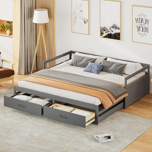 FEZTOY Ausziehbares Schlafsofa 90/180x200 cm, Tagesbett mit Schubladen und Lattenrosten, Kiefernbett mit Stauraum, Daybett Gästebett, Grau