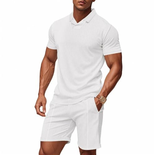 Trainingsanzug Herren Business Casual Kurzarm T-Shirt Und Kurze Hose 2-Teiliges Set Fitness Sportanzug Atmungsaktiv Leichte Jogginganzug H-White L