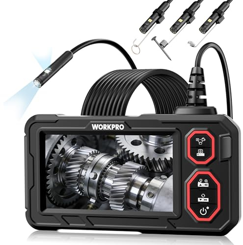 WORKPRO Cámara Endoscópica 1080P con Pantalla IPS de 4,3 | Boroscopio con Tarjeta TF de 32GB, 8+1 LEDs, Cable Semirrígido de 5m e IP67 para Inspecciones