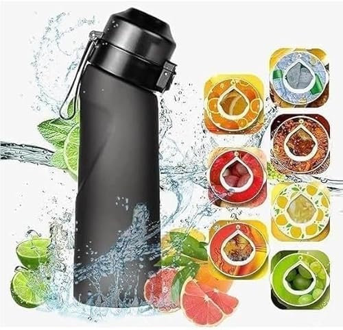 A1r Bottiglia d'acqua con 7 Cialde Aromatiche, 650ML Senza BPA Borracce Tritan Cialde Aromi Frutta Profumate Borraccia Prova di Perdite 0 Calorie Tazza d'acqua con Cannuccia per Sport (black)