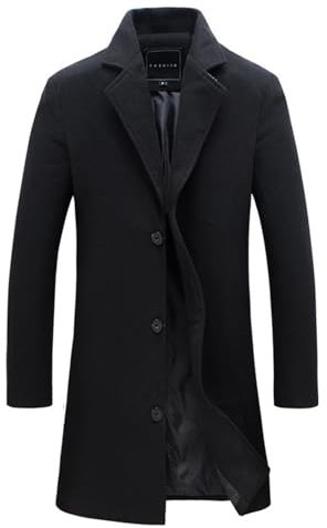 Flodxo Men's Jackets Smart Casual Trench Coats Single Breasted Wool Coat Long Sleeve Warm Padded Overcoat Lapel Collar Slim Fit Long Jacket Regular Fit Pea Coat Work Long Cardigans Black M