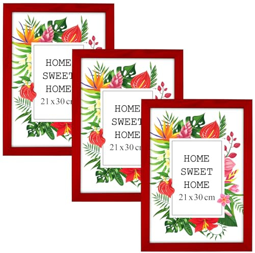 MG Design Set aus 3 Rot Bilderrahmen A4 21 x 29,7 cm – Aus echtem Holz mit Acrylglas, zum Aufhängen & Aufstellen, für Fotos, Poster & Puzzle