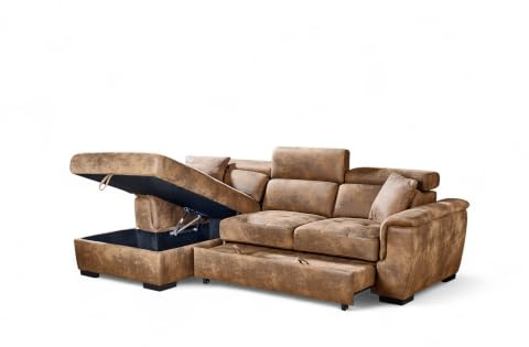Lovesofas Faux Leather L Shaped Corner Sofa Bed with Storage Chaise, Adjustable Headrests and Cushions - Fabric Leather Sectional Pull Out Sofa Bed 3 Seater with Black Metal Feet - LEFT HAND