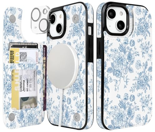 uCOLOR for iPhone 15 6.1 Wallet Case Magsafe with Card Holder Slot【Compatible with MagSafe】 Folio Flip PU Leather Double Magnetic RFID Design with Camera Lens Protector (Blue Floral)