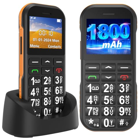 Seniorenhandy Ohne Vertrag, GSM Dual SIM Tastenhandy Seniorentelefon mit Großen Tasten, 1800 mAh Akku, USB-C, Ladestation, Rentner Senioren Handy Einfach mit SOS-Taste, Kurzwahl (Schwarz und Orange)