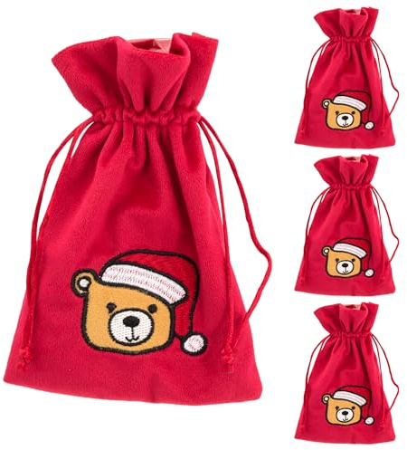 Idena 90474 - Stoffbeutel ca. 13 x 18 cm, 4 Stück, Säckchen in Rot mit Teddy-Motiv, Weihnachtssack mit roter Kordel