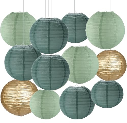 Grün Gold Papier Lampions Set SalbeiGrün Eukalyptus Papierlampions | 12 Stück Hängedekoration Papier Laternen für Braut Hochzeitsdekorationen Geburtstagsfeier Gartenparty Salbeigrün Deko