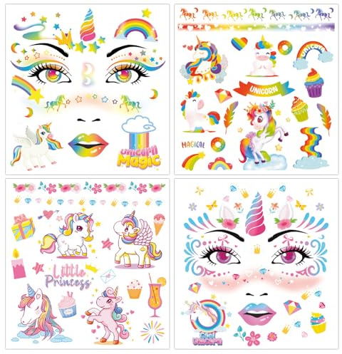 Qpout 8 Feuilles Licorne Tatouages Temporaires, Stickers Tatouage Faux Maquillage des Yeux Adorables Licornes Art Corporel Imperméable pour Fille Princesse Fête d'Anniversaire Carnaval