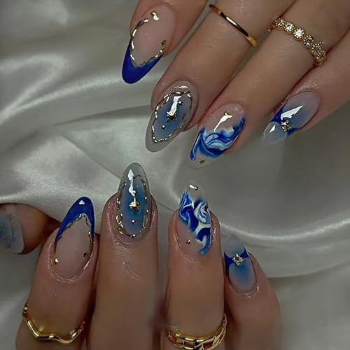 Almond Blue Marble Press on Nails with Rhinestones - 24PCS Short False Nails in Elegant French Tip Style for Women, Includes Accessories for Daily Manicure or Special Occasion Looks