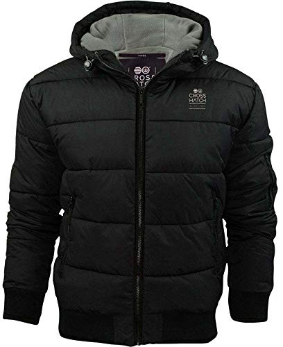 2k17Oct Mens Crosshatch Quilted Padded Hood Jacket Fleece Lined Winter Coat- Zip Pockets[Black,L]