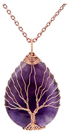 Jovivi Bijoux Pendentif Collier Pierre Améthyste Retro DIY Arbre de la Vie en Cuivre Fil Forme Goutte d'eau Pierre Precieuse d'Energie avec Chaîne