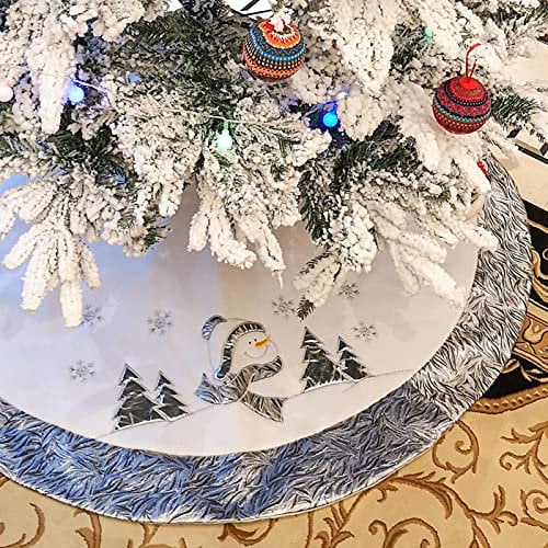 WEWILL 121,9 cm großer, luxuriöser Schneemann-Weihnachtsbaum-Rock mit Satin-Bordüre, bestickte Schneeflocke, Weihnachtsbaum-Matte, Partyzubehör