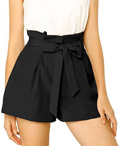 Allegra K Damen Paperbag Hose Sommer Kurze Elegant Hose A-Linie Hohe Taille Bindegürtel Kurze Shorts Schwarz S