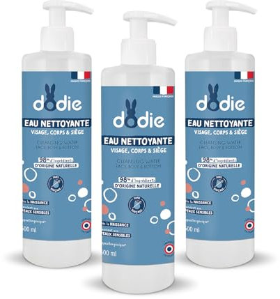 DODIE Lot de 3 Eaux Nettoyantes 3 en 1 (3 x 500 mL) - Nettoyant Visage, Corps et Siège – 98% d’ingrédients d’origine naturelle, Hypoallergénique - Dès la naissance