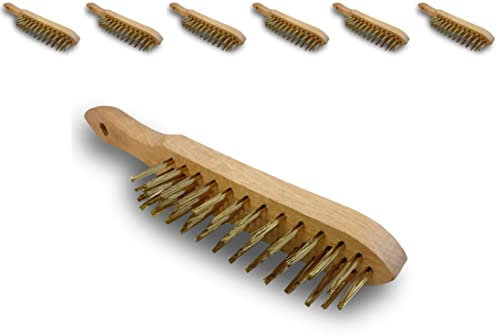 Brosse métallique à main professionnelle | Lot de 10 | 4 rangs fils durs | Acier rond laitonné | Manche bois | Sortie du fil 30 mm | 29 * 3,5 cm | Kibros 7404x10