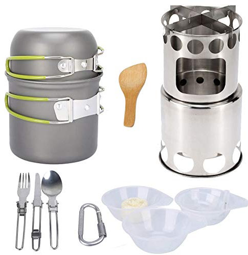 TIM-LI Kit De Cuisine De Camping Portable, Casseroles À Poignée Pliable Ensemble De Cuisine en Aluminium avec Assiettes Fourchettes Couteaux Bol Cuillères Sac en Nylon pour 1-2 Personnes,Vert