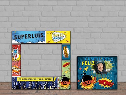Oedim Photocall + Cartel Cumpleaños Superheroes Personalizado, 100x100cm, 60x50cm, photocall Decorativo para cumpleaños, decoración para Eventos
