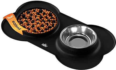 Silikon-Napfunterlage Schwarz 2X Futternäpfe L 800ml Edelstahl Matte Knochenform rutschfest Unterlage für Hundenapf Fressnapf Katzennapf Silikonmatte Lebensmittelecht