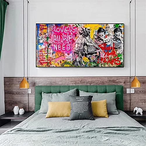 Jianghu Art Banksy Art Love Is All We Need Leinwand Poster und Drucke Graffiti Street Cuadros Gemälde Wandkunst Bilder zur Dekoration 70x140cm (28x55in) Mit Rahmen