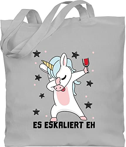Baumwolltasche - Party & Alkohol Damen - Es eskaliert eh Einhorn mit Weinglas - Unisize - Hellgrau - sauf wein jutebeutel alki malle bags saufen einho stoffbeutel trinksprüche unicorn trinkspruch
