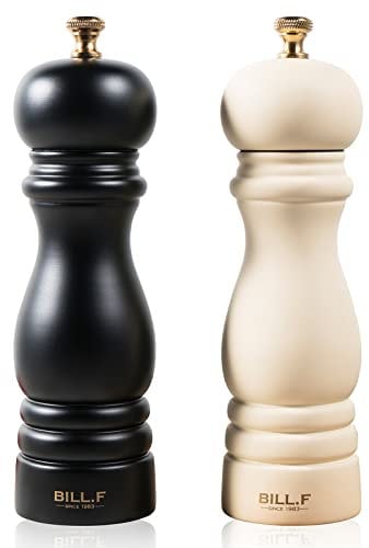 Bill.F Salz- und Pfeffermühlen-Set, Holz-Pfeffermühle, 2er-Set Manuelle Salz-Pfefferstreuer-Mühle, nachfüllbar, 7 Zoll (Schwarz und Beige)
