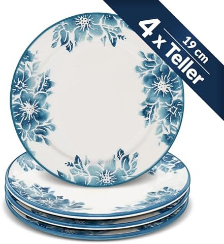 Lashuma 4x Speiseteller blau weiß, Tellerset Keramik 19 cm Ø, runde Dessertteller Blumen Enzian