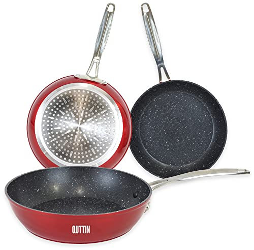 Quttin Sarten Antiadherente Aluminio con Revestimiento Resistente. Cacerola de Aluminio Forjado con Tapa de Cristal. Aptas para todo tipo de Cocinas. Modelo Majestic Granate 18 cm de Diametro