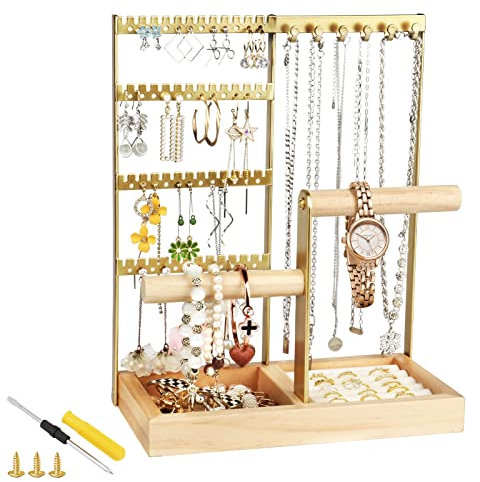 Fenghome Schmuckständer, Mehrschichtige Schmuckhalter Kettenhalter kettenständer Ohrringhalter Ohrring Aufbewahrung für Ringe Ohrringe Armbänder Uhren und Accessoires (Gold)