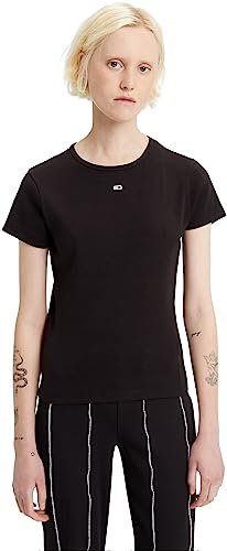Tommy Jeans Damen T-Shirt Kurzarm Essential Rib Rundhalsausschnitt, Schwarz (Black), XS
