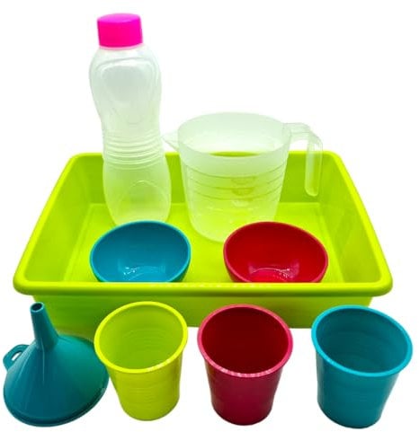 Kunststoff Küchenzubehör Set – 9 teilig – Montessori Transfers – Tablett, Gläser, Schalen, Krug, Flasche, Trichter – Lehrmaterial, Transfers, sensorische Aktivität, Learning Resources – BPA frei
